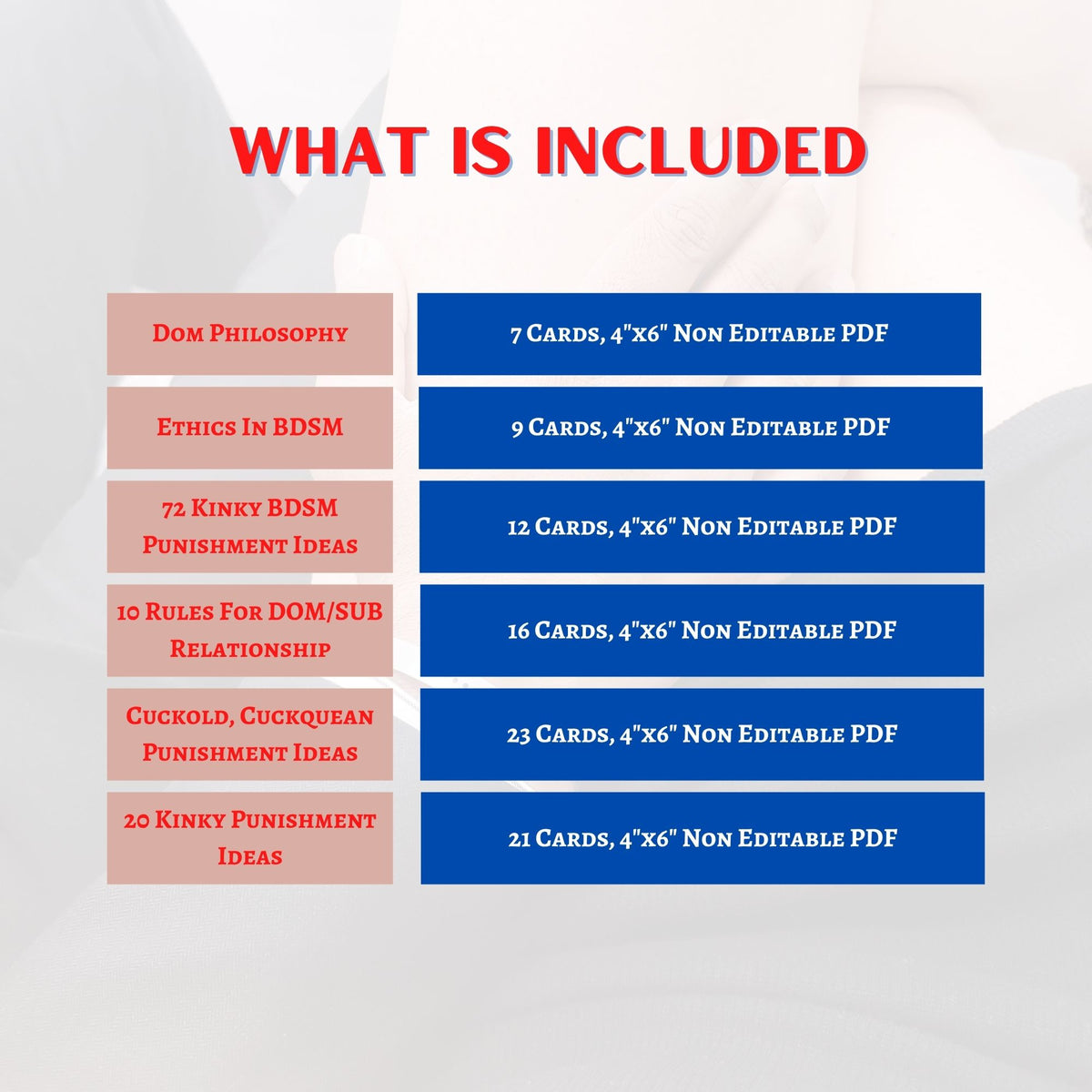 An informational graphic titled 'WHAT IS INCLUDED' showing a list of BDSM-themed PDF card sets on the left in muted pink and blue text blocks on a light gray background.