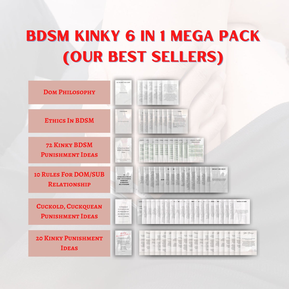 Promotional graphic for a 'BDSM Kinky 6 in 1 Mega Pack' featuring six themed booklets arranged in a vertical stack with descriptive labels on the left. The background is a soft, light gray with a faint abstract design, and the text is in bold red.