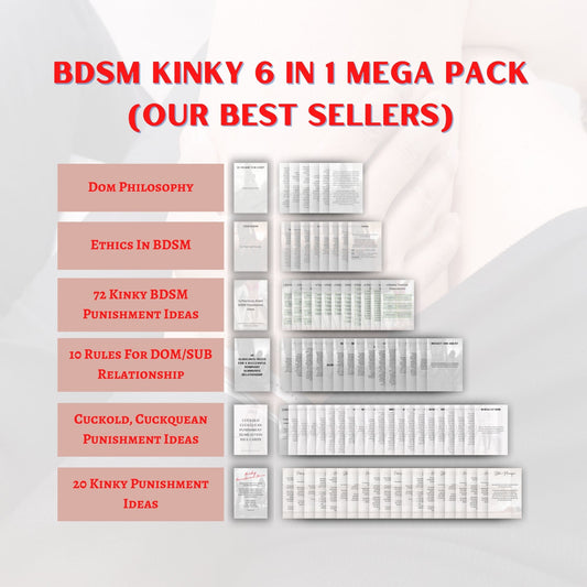 Promotional graphic for a 'BDSM Kinky 6 in 1 Mega Pack' featuring six themed booklets arranged in a vertical stack with descriptive labels on the left. The background is a soft, light gray with a faint abstract design, and the text is in bold red.